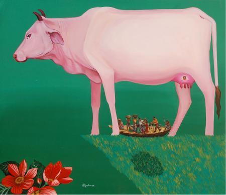 Figurative acrylic painting titled 'Cow', 36x42 inches, by artist Goutam Pal on Canvas