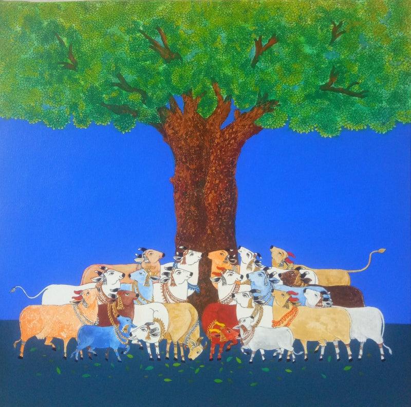Animals mixed media painting titled 'Cow', 24x24 inches, by artist Mukesh Hattarge on Canvas