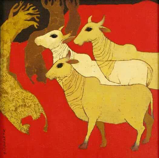 Figurative acrylic painting titled 'Cows', 15x15 inches, by artist Siddharth Shingade on Canvas