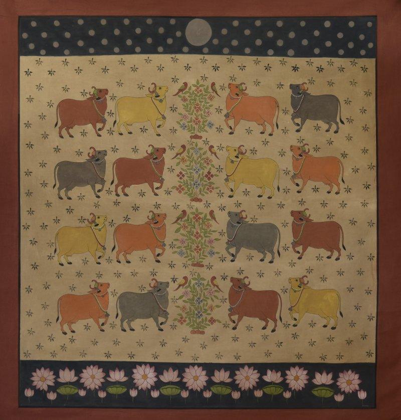 Religious mixed media painting titled 'Cows Pichwai', 52x56 inches, by artist Pushkar Lohar Pichwai on Cloth