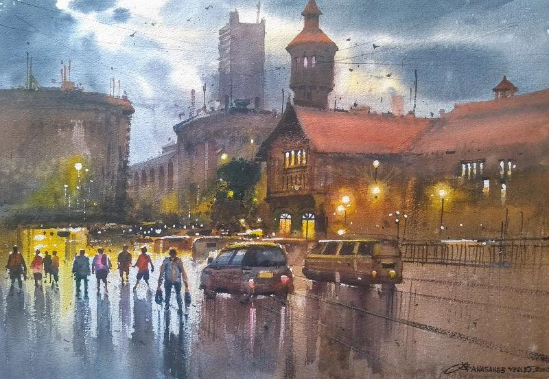 Cityscape watercolor painting titled 'Crawford Market', 14x20 inches, by artist NanaSaheb Yeole on Paper