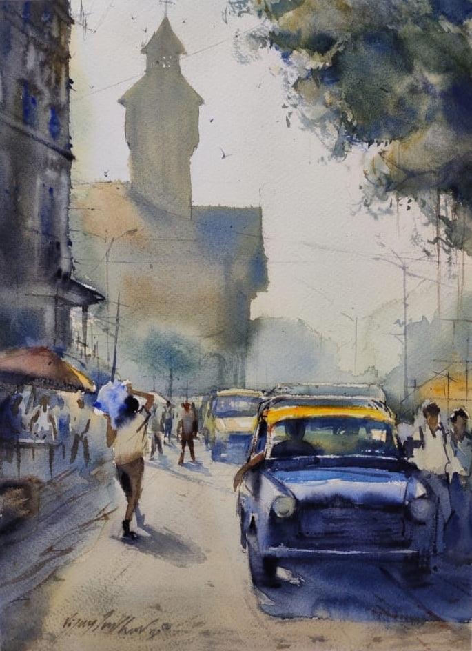 Cityscape watercolor painting titled 'Crawford Market', 16x12 inches, by artist Vijay Jadhav on Paper