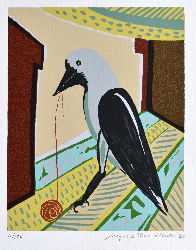 Animals serigraphs painting titled 'Crow', 20x15 inches, by artist Anjolie Ela Menon on Paper