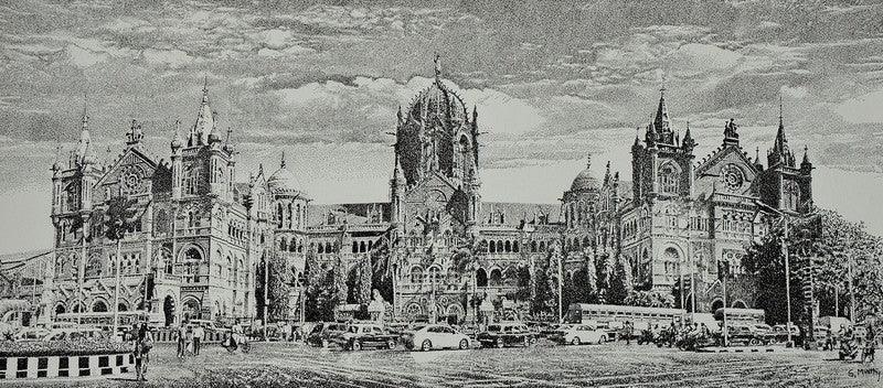 Cityscape mixed media drawing titled 'Cst', 13x28 inches, by artist Surya Murthy on Paper