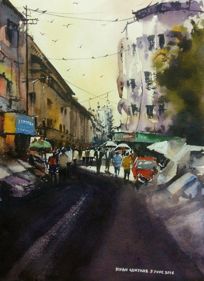 Cityscape watercolor painting titled 'Cst ( Bora Bazar )', 15x11 inches, by artist Kiran Gunjkar on Handmade Paper