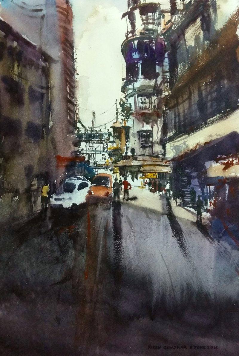 Cityscape watercolor painting titled 'Cst ( Bora Bazar )', 22x15 inches, by artist Kiran Gunjkar on Handmade Paper