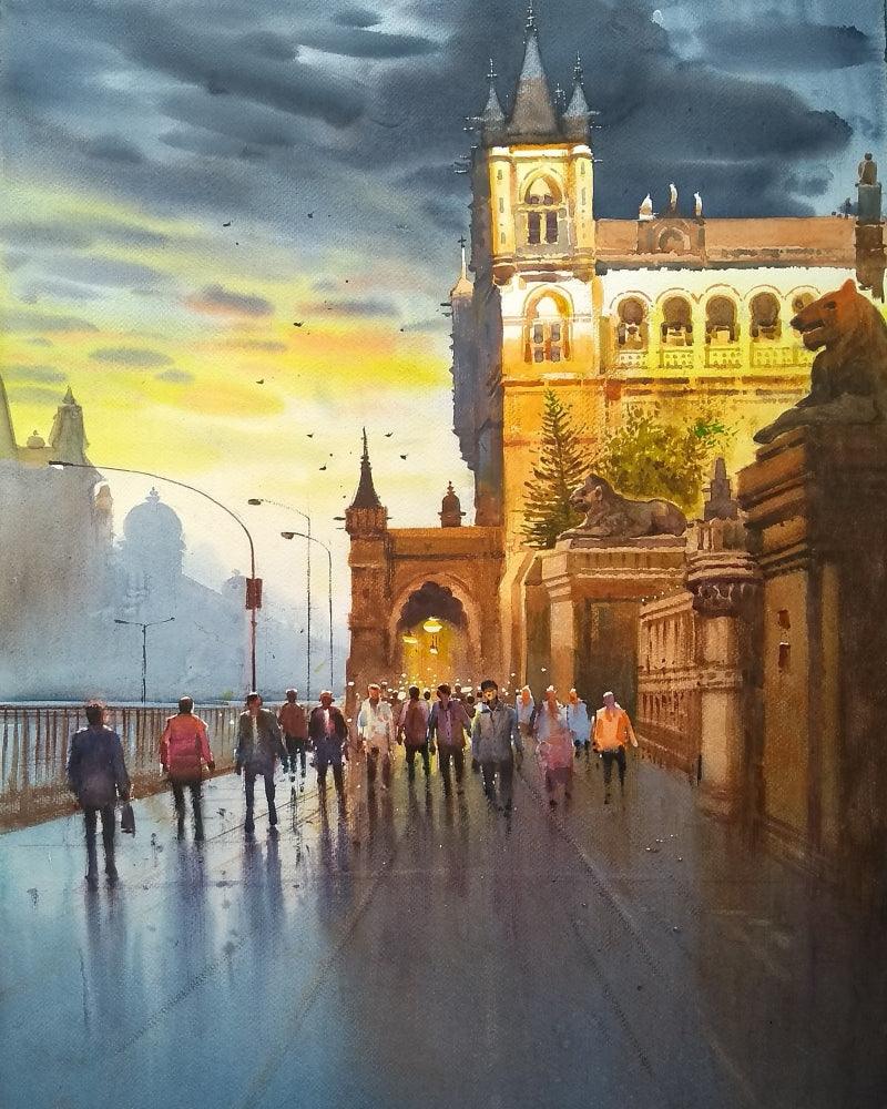 Cityscape watercolor painting titled 'Cst Mumbai', 30x22 inches, by artist NanaSaheb Yeole on Paper