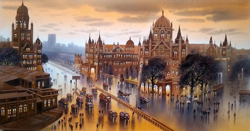 Cityscape acrylic painting titled 'Cst Mumbai', 32x60 inches, by artist NanaSaheb Yeole on Canvas