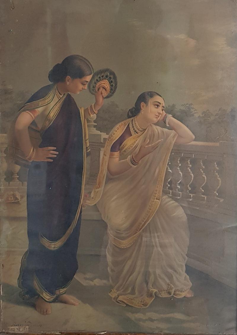 Figurative oleograph painting titled 'Damayanti', 32x24 inches, by artist Raja Ravi Varma on Paper
