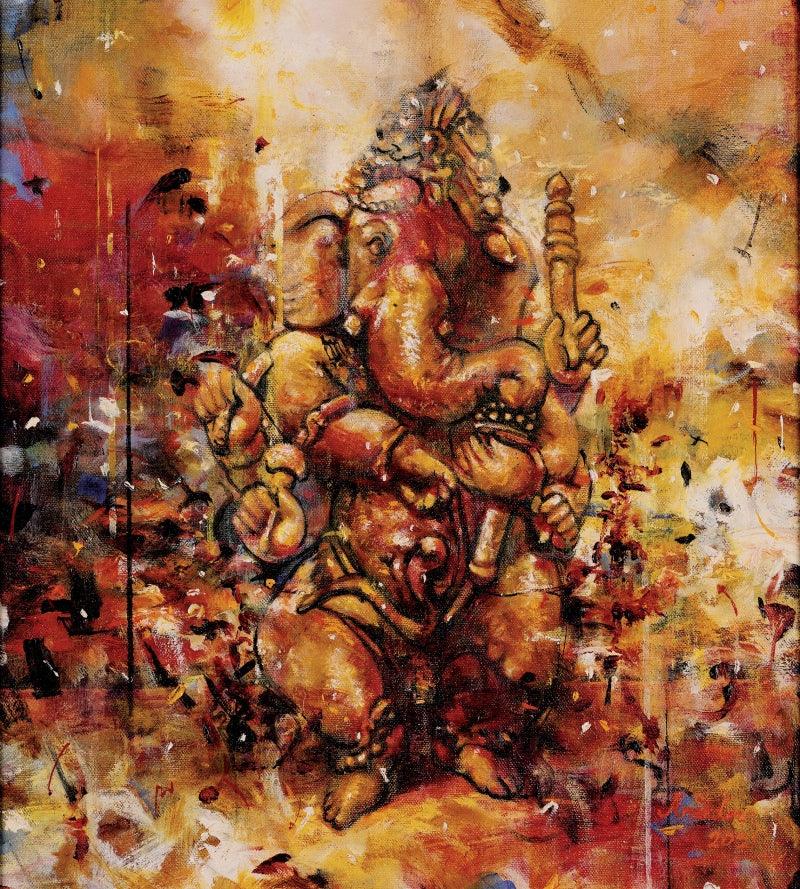 Religious oil painting titled 'Dancing Ganesha', 19x17 inches, by artist Arindam Gupta on Canvas