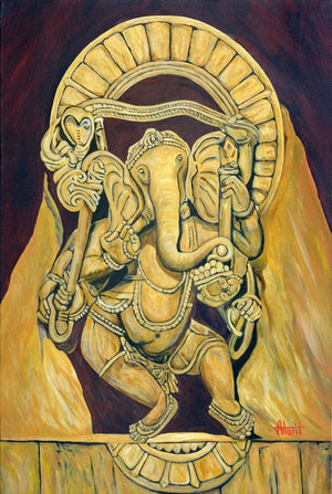 Figurative oil painting titled 'Dancing Ganesha', 36x24 inches, by artist Ajay Harit on Canvas