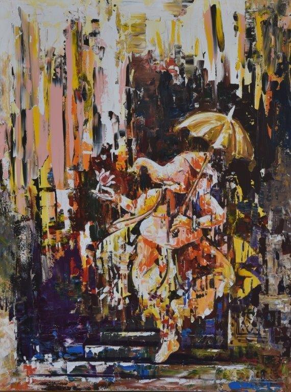 Religious acrylic painting titled 'Dancing Ganesha', 48x36 inches, by artist Durshit Bhaskar on Canvas