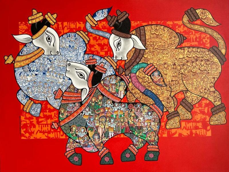 Religious acrylic painting titled 'Dancing Nandis', 36x48 inches, by artist Vivek Kumavat on Canvas