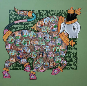 Religious acrylic painting titled 'Dancing Nandis', 36x36 inches, by artist Vivek Kumavat on Canvas