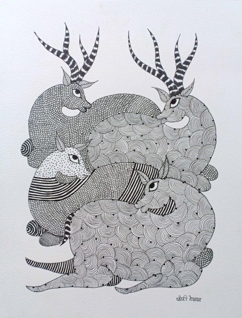 Animals gond traditional art titled 'Deer', 16x12 inches, by artist Choti Gond Artist on Paper