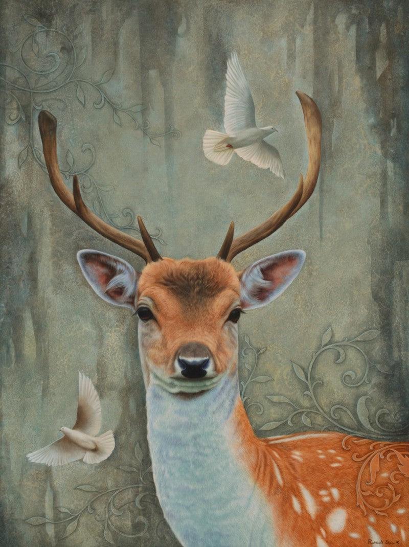 Animals acrylic painting titled 'Deer', 42x30 inches, by artist Ramesh Das on Canvas