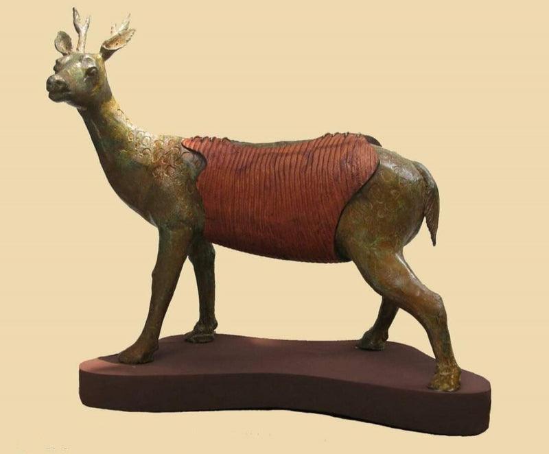 Animals sculpture titled 'Deer', 18x20x8 inches, by artist Subrata Paul on Bronze, Wood