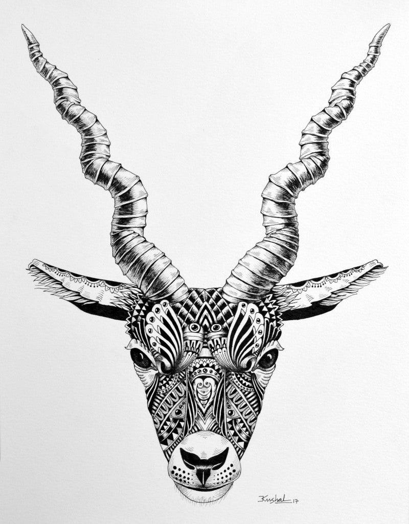 Animals pen drawing titled 'Deer', 15x11 inches, by artist Kushal Kumar on Paper