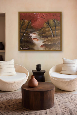 Dense Forest (Crimson Creek) by artist Anu Dhimaan displayed in a Minimalist gallery