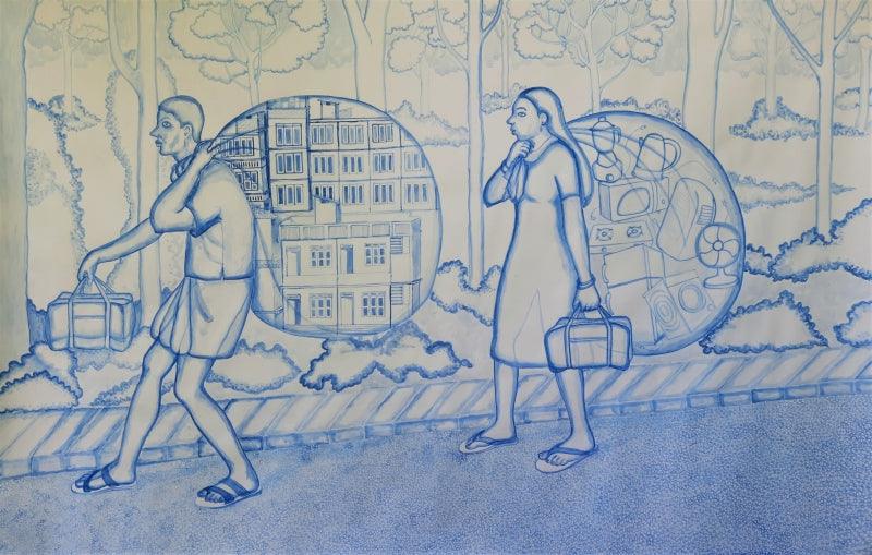 Figurative watercolor painting titled 'Destination', 38x60 inches, by artist Sanu Ramakrishnan on Paper