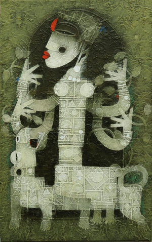 Religious acrylic painting titled 'Devi 2', 48x30 inches, by artist Basuki Dasgupta on Canvas