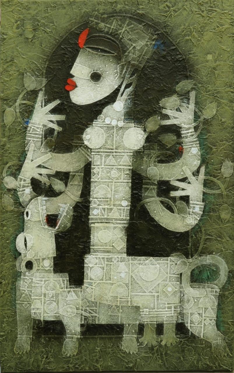 Religious acrylic painting titled 'Devi 2', 48x30 inches, by artist Basuki Dasgupta on Canvas