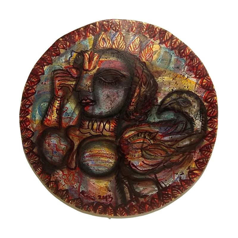 Religious mixed media painting titled 'Devi 2', 15x15 inches, by artist Rini Dhumal on Paper Mache