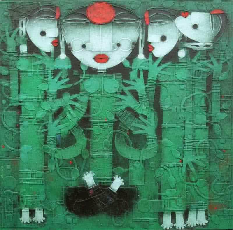 Religious acrylic painting titled 'Devi 2', 48x48 inches, by artist Basuki Dasgupta on Canvas
