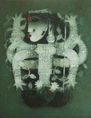 Religious mixed media painting titled 'Devi 3', 48x36 inches, by artist Basuki Dasgupta on Canvas