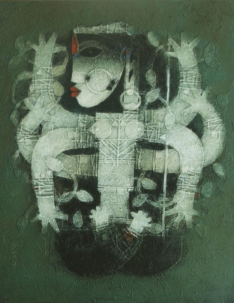 Religious mixed media painting titled 'Devi 3', 48x36 inches, by artist Basuki Dasgupta on Canvas