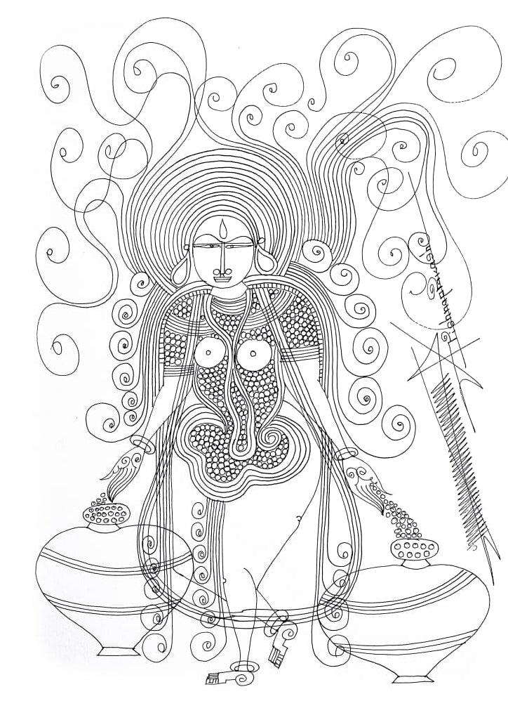 Religious mixed media drawing titled 'Devi 4', 17x12 inches, by artist Krishnaprakash Vasant Martand on Canson Paper
