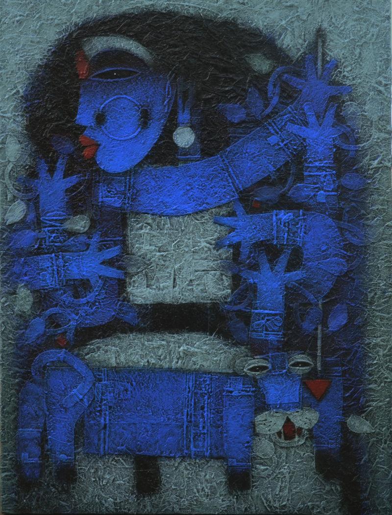 Religious mixed media painting titled 'Devi 5', 48x36 inches, by artist Basuki Dasgupta on Canvas