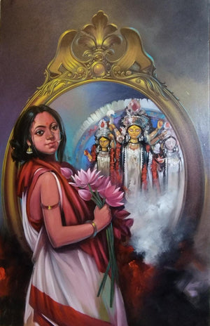 Religious acrylic painting titled 'Devi', 48x30 inches, by artist Bappa Haldar on Canvas