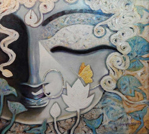 Devi (Inner Harmony) by Subrata Ghosh, Original Acrylic Figurative Painting on Canvas, Small Horizontal Wall Art