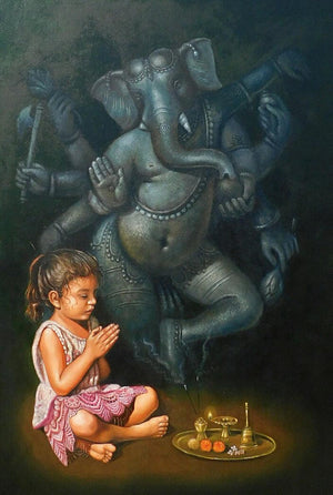 Religious oil painting titled 'Devotee', 36x24 inches, by artist Gopal Sharma on Canvas