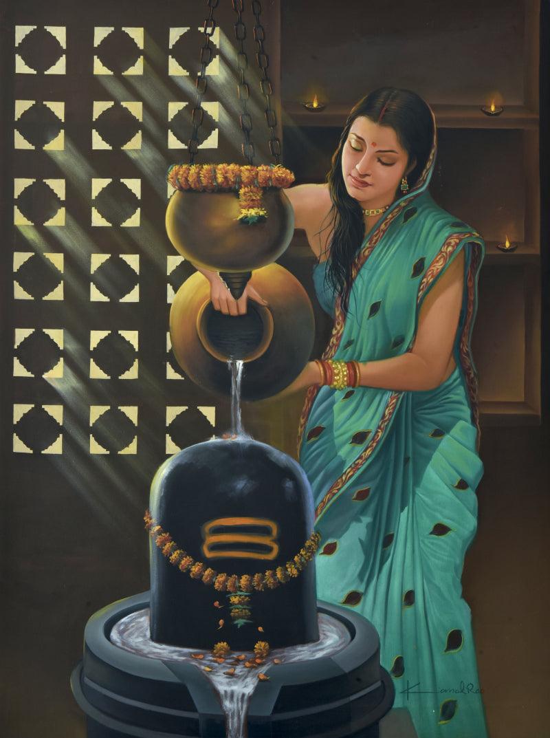 Religious oil painting titled 'Devotee', 36x48 inches, by artist Kamal Rao on Canvas