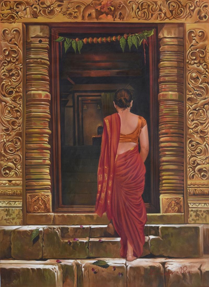 Religious oil painting titled 'Devotee', 36x50 inches, by artist Kamal Rao on Canvas