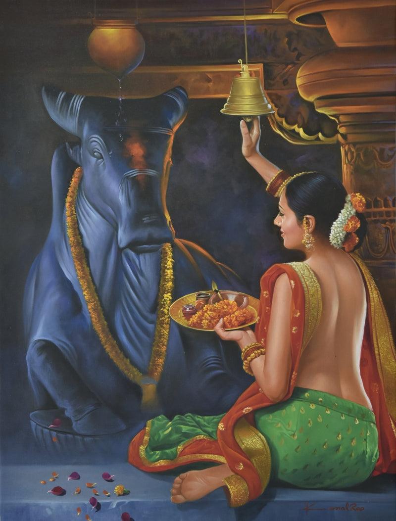 Religious oil painting titled 'Devotee', 36x48 inches, by artist Kamal Rao on Canvas