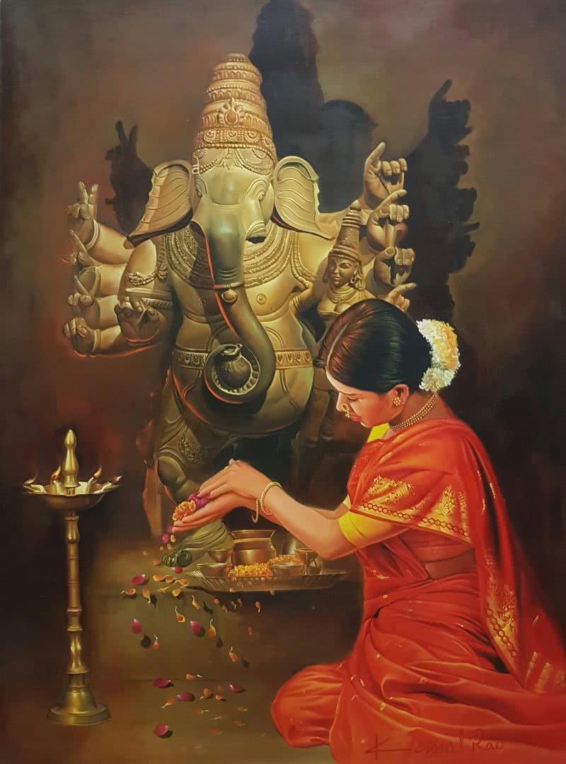 Religious oil painting titled 'Devotion', 36x48 inches, by artist Kamal Rao on Canvas