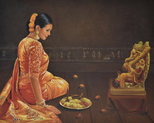 Religious oil painting titled 'Devotion', 42x32 inches, by artist Kamal Rao on Canvas