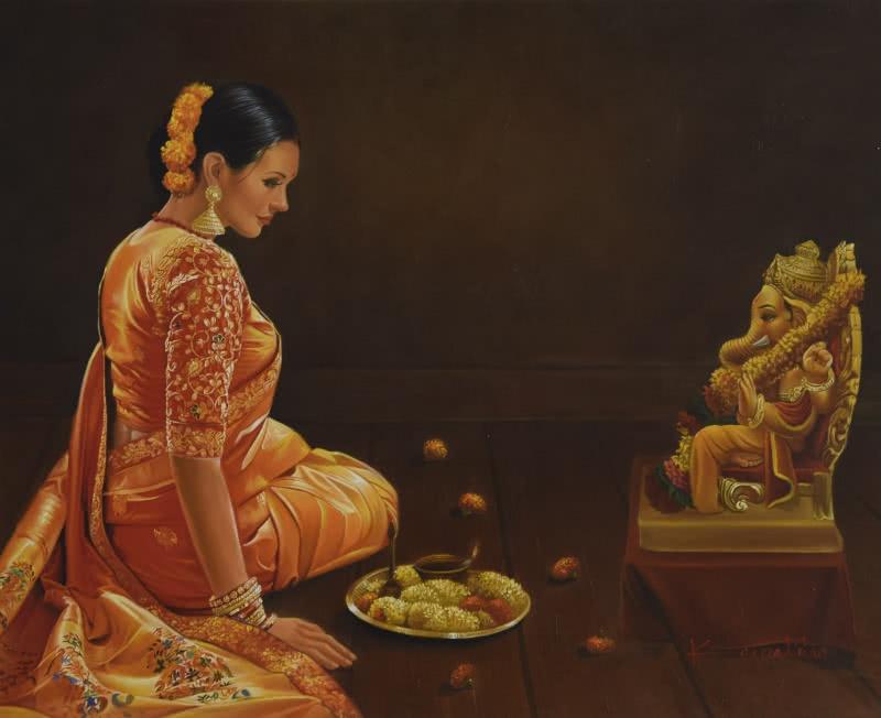 Religious oil painting titled 'Devotion', 42x34 inches, by artist Kamal Rao on Canvas