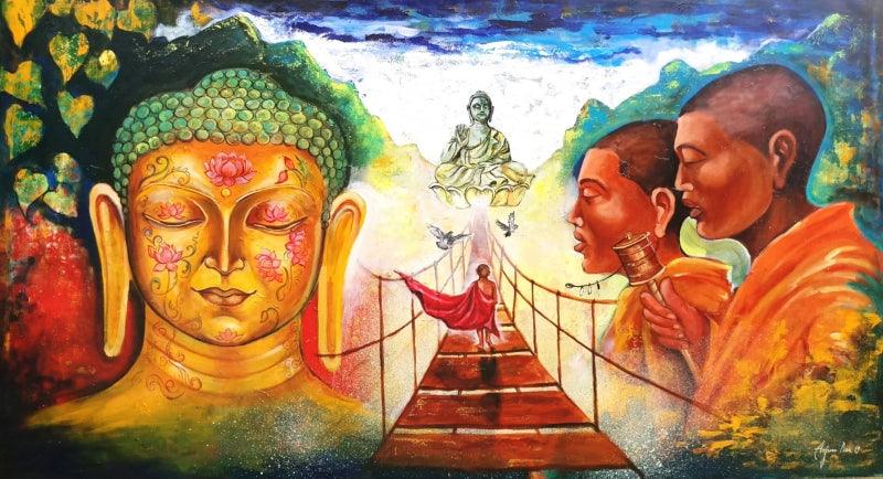 Religious acrylic painting titled 'Devotion Of Buddha', 36x36 inches, by artist Arjun Das on Canvas