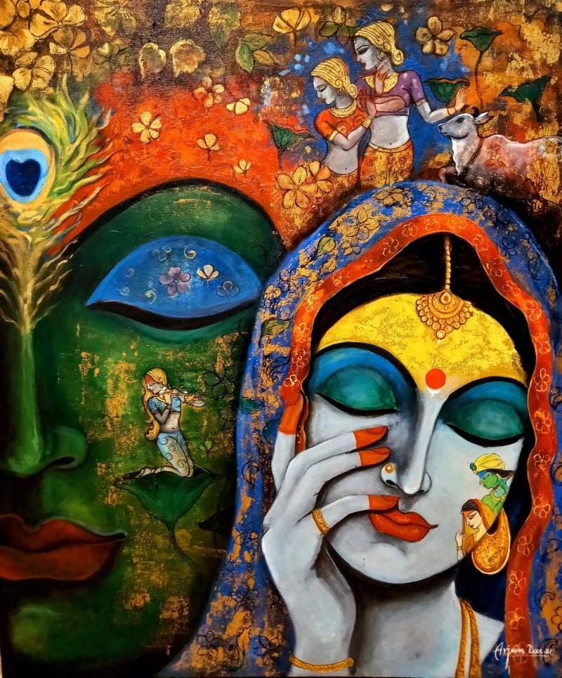 Religious acrylic painting titled 'Devotion Of Krishna 8', 42x36 inches, by artist Arjun Das on Canvas