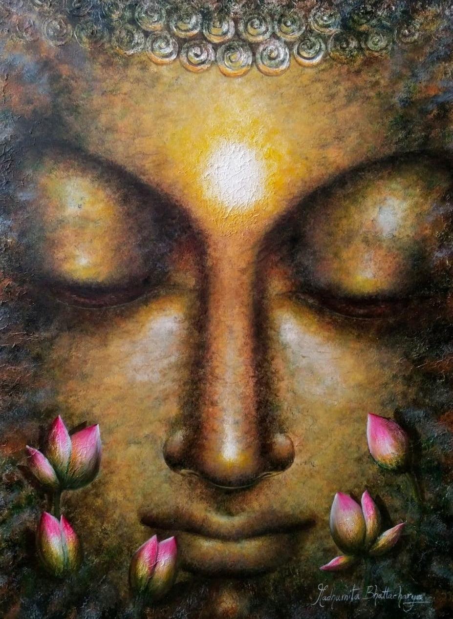 Religious acrylic painting titled 'Dhyanmurti', 40x30 inches, by artist Madhumita Bhattacharya on Canvas