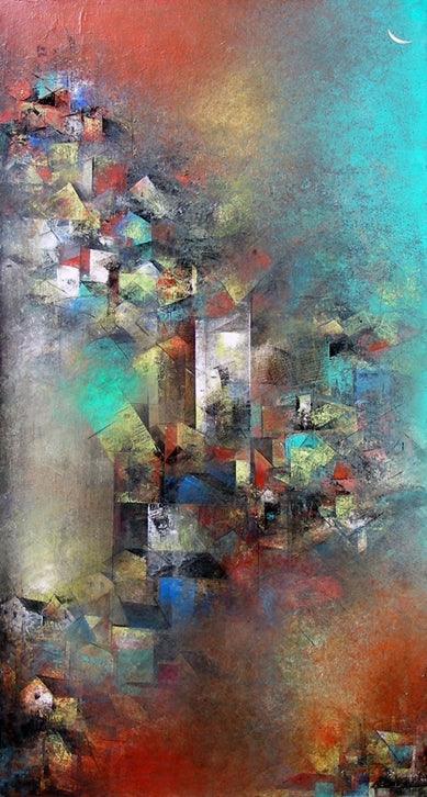 Abstract acrylic painting titled 'Distant View', 60x32 inches, by artist M Singh on Canvas