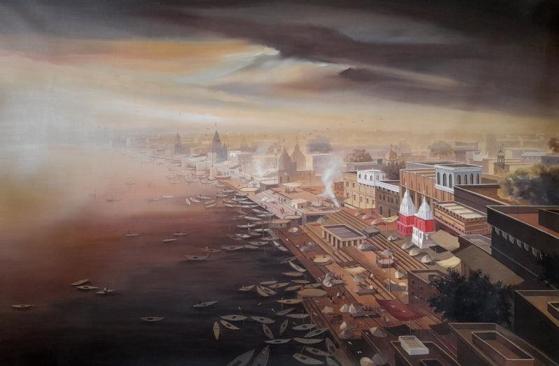 Cityscape acrylic painting titled 'Dream City', 45x72 inches, by artist Subir Dey on Canvas