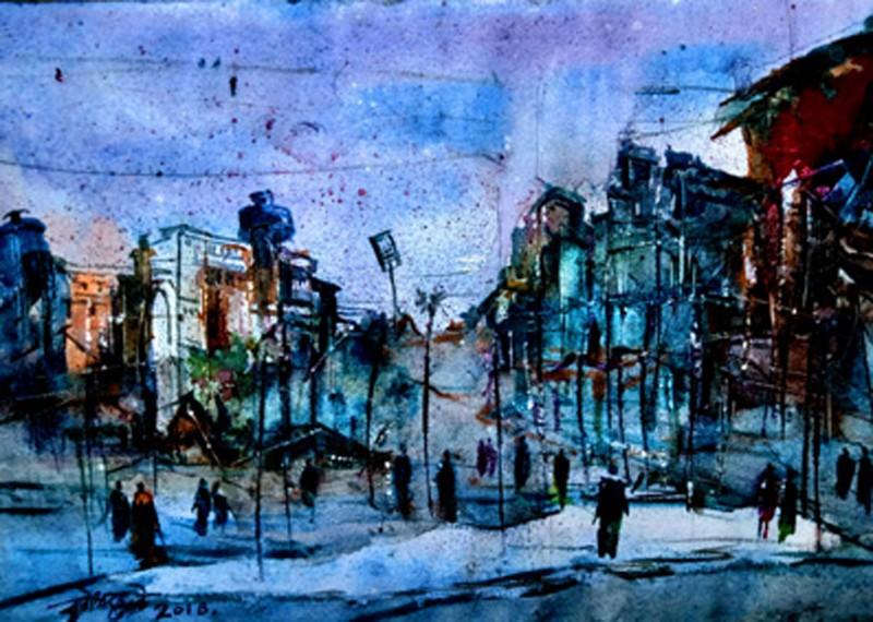 Landscape watercolor painting titled 'Dream City', 10x14 inches, by artist Dnyaneshwar Dhavale on paper