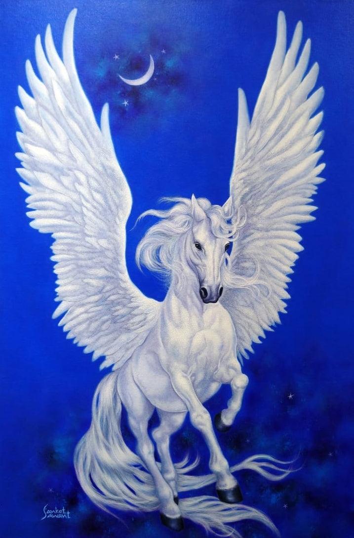 Animals acrylic painting titled 'Dream Horse', 36x24 inches, by artist Sanket Sawant on Canvas