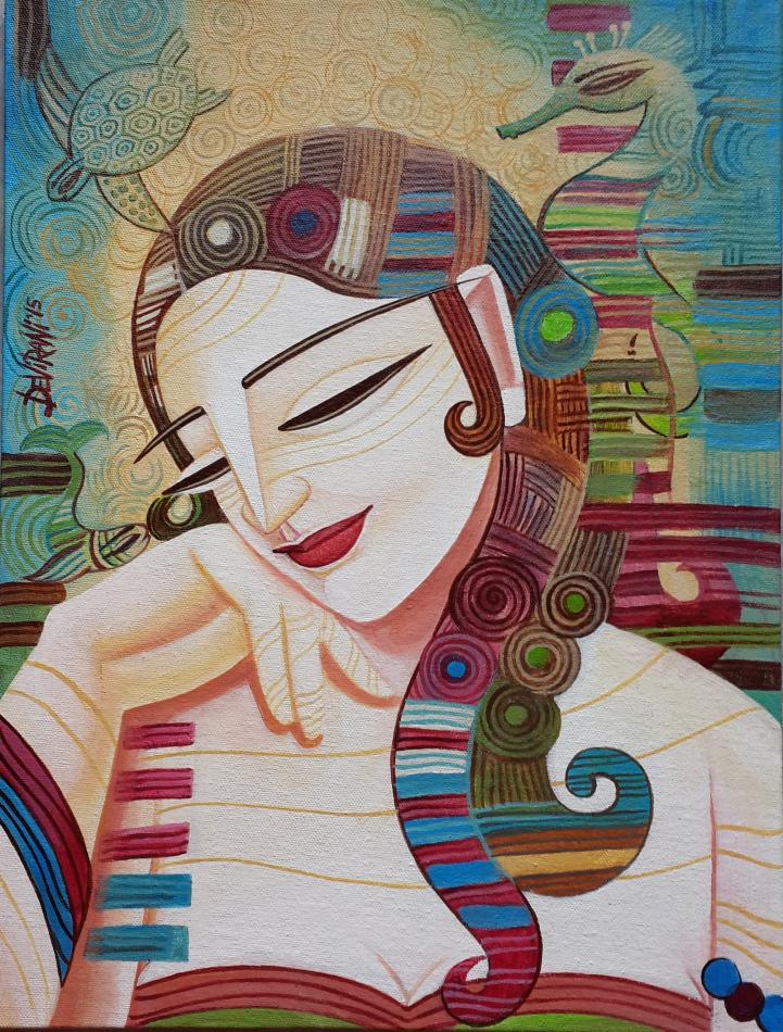 Figurative acrylic painting titled 'Dream II', 12x16 inches, by artist DEVIRANI DASGUPTA on Canvas Board