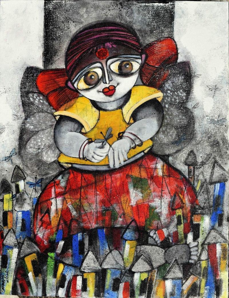 Figurative acrylic painting titled 'Dreamland', 18x14 inches, by artist Sharmi Dey on Canvas